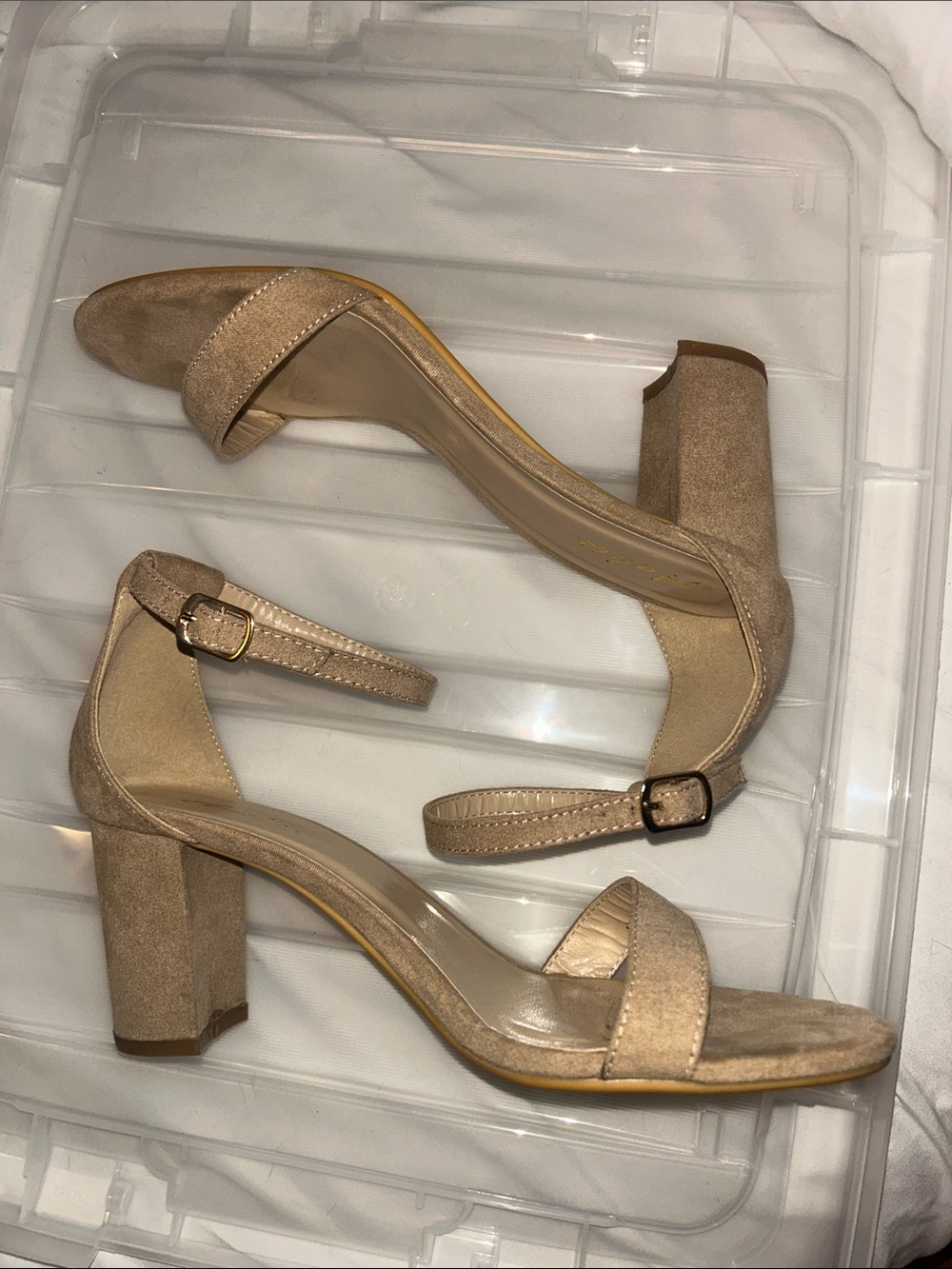 Suede Ankle-Strap Block Heels in Tan